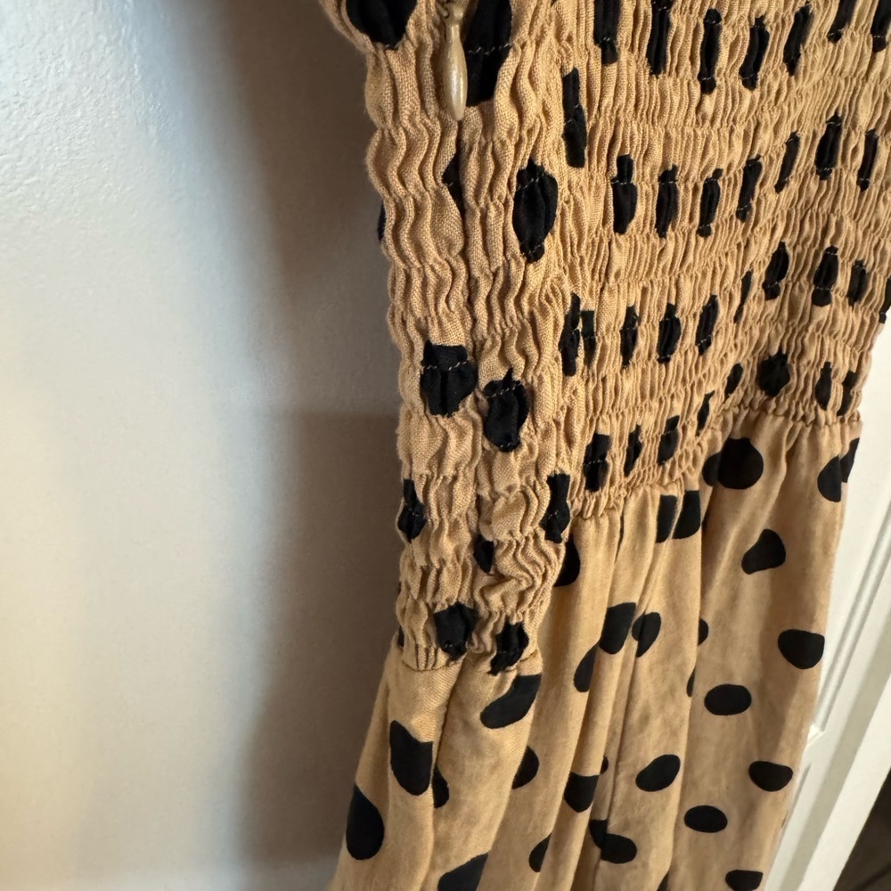 Faithful the Brand x Anthropolgie Emelda Smocked Jumpsuit in Tan/Black Polka Dot - Picture 9 of 10
